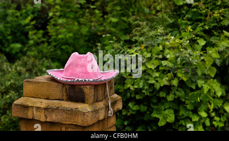Child's cowboy hat left on brick wall Stock Photo