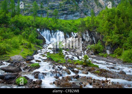 Seven wells, Sieben Brunnen, Switzerland, canton Bern, Bernese Oberland, Simmental, wood, forest, spring, source, waterfall, bro Stock Photo