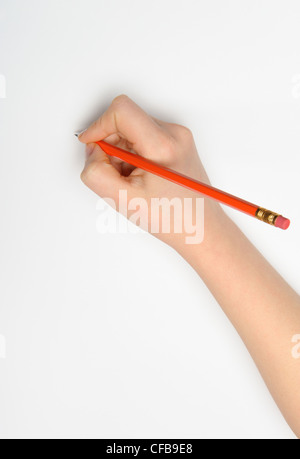 Hand with pencil. Over grey empty a paper. Imitation to write Stock Photo