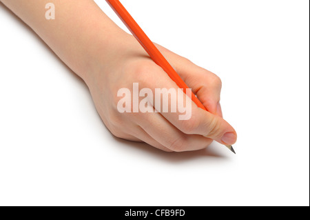 Hand with pencil. Over grey empty a paper. Imitation to write Stock Photo