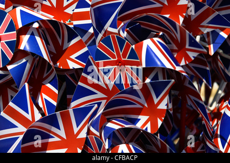 Mass of plastic union jacks in red white and blue, London, UK. Stock Photo