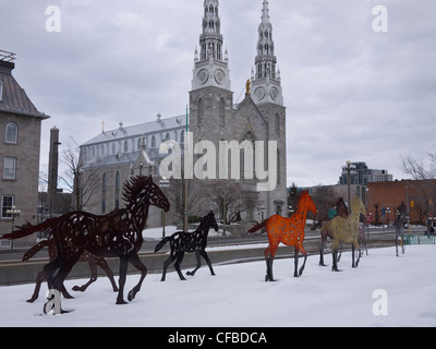 Joe Fafard running horses in front of National art gallery of Canada along Sussex Drive Ottawa Cathedral basilica background Stock Photo