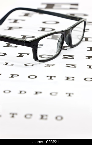 Photo of black spectacles on an eye test chart Stock Photo