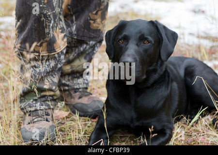 Man and dog hunting together in British Columbia, Canada Stock Photo