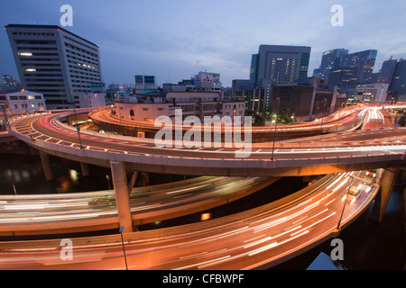 Japan, Asia, Tokyo, city, Nihonbashi, Shuto, Expressway, Crossing, bridge, busy, curve, hurry, lights, noise, noisy, pollution, Stock Photo