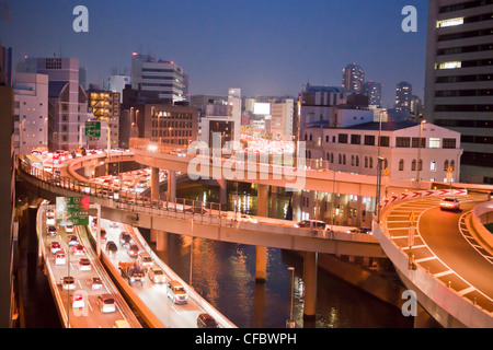 Japan, Asia, Tokyo, city, Nihonbashi, Shuto, Expressway, Crossing, bridge, busy, curve, hurry, lights, noise, noisy, pollution, Stock Photo