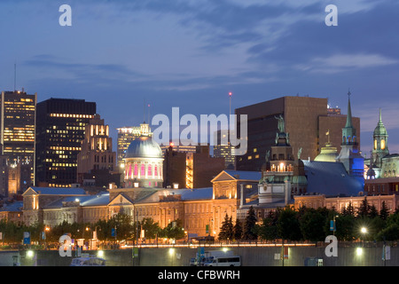 Night view towards Bonsecours Market from Old Port in Old Montreal, Quebec, Canada. Stock Photo