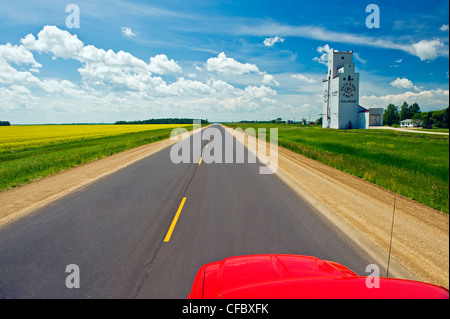 road going across the prairies with grain elevator in the background, near Culross, Manitoba, Canada Stock Photo