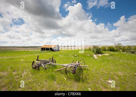 Old wagon on abandoned farm near Val Marie, Saskatchewan, Canada. Stock Photo