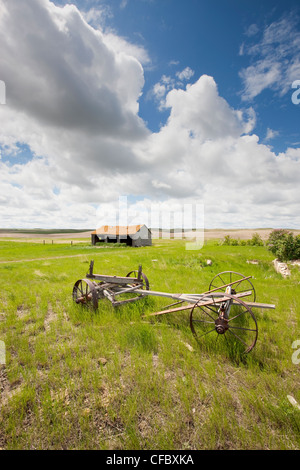 Old wagon on abandoned farm near Val Marie, Saskatchewan, Canada. Stock Photo
