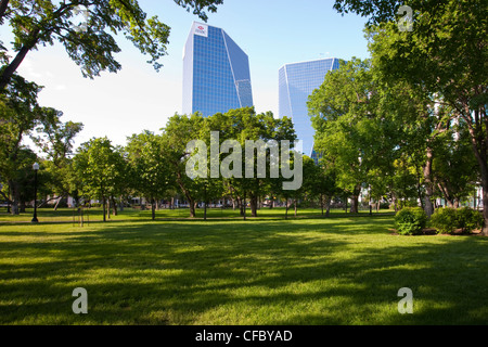 View of downtown office towers from Victoria Park in Regina, Saskatchewan, Canada. Stock Photo