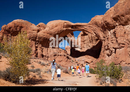 USA, United States, America, Utah, Arches, National Park, Double Arch, adventure, arch, big, dry, erosion, famous, formation, ge Stock Photo