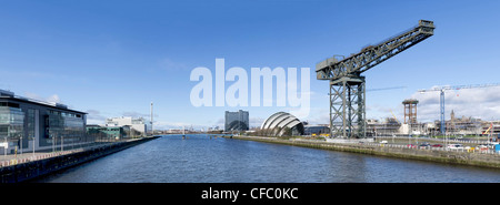 High resolution panorama of the River Clyde in Glasgow showing Finnieston Crane, Armadillo, Bell's Bridge and Science Tower. Stock Photo