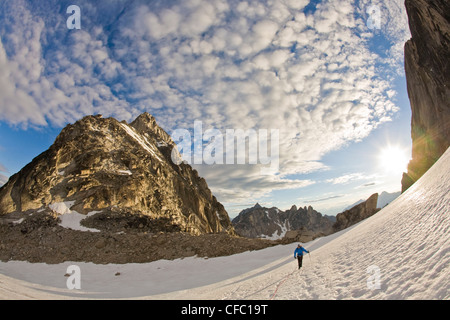 A female climber ascends toward the Northeast Ridge - North Howser, Bugaboos, BC Stock Photo