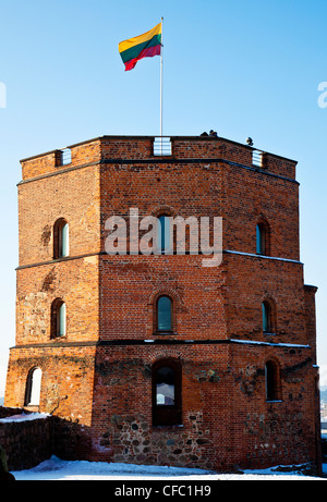 Gediminas' Tower with the flag of Lithuania flying on top of it in Vilnius. Stock Photo