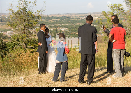 Wedding party celebrates on Bezawit Hill overlooking the source of the Blue Nile leaving Lake Tana near Bahir Dar in Ethiopia Stock Photo