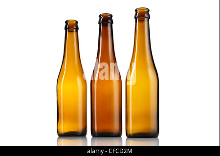 Three empty bottles of beer isolated on white background. Stock Photo