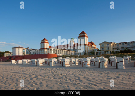 Beach chairs on the beach in front of the Spa Hotel, Binz seaside resort, Ruegen island, Baltic Sea, Mecklenburg-West Pomerania, Stock Photo