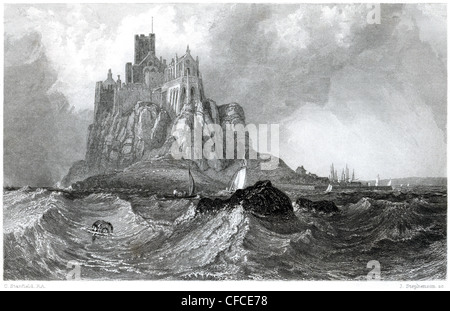 An engraving entitled 'St Michaels Mount, Cornwall' scanned at high resolution from a book published in 1847 Stock Photo