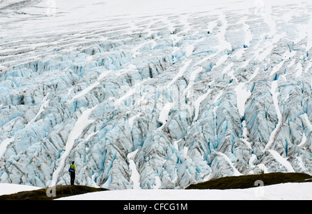 A young man stands in wonder in front of the Exit Glacier in Seward, Alaska. Stock Photo