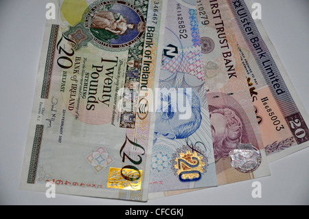£20 notes issued by Northern Ireland's four banks, Bank of Ireland, Northern Bank, First Trust Bank and the Ulster Bank. Stock Photo