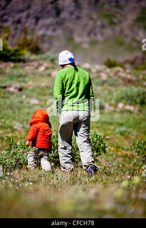 a woman walks with her 2 year old son through an alpine meadow. They are on the Continental Divide Trail (CCT, trail number 813) Stock Photo