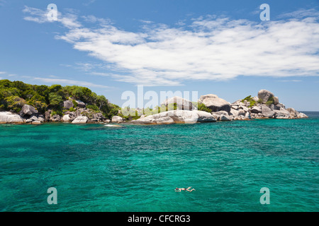 Snorkeler in the shallow water of a bay, Similan Islands, Andaman Sea, Indian Ocean, Khao Lak, Thailand, Asia Stock Photo