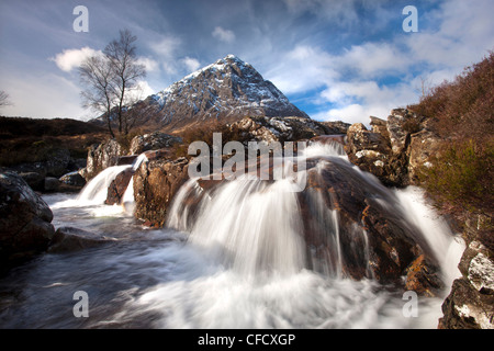 Winter view of Buachaile Etive More from the Coupall Falls on the River Coupall, Glen Etive, Highlands, Scotland, United Kingdom