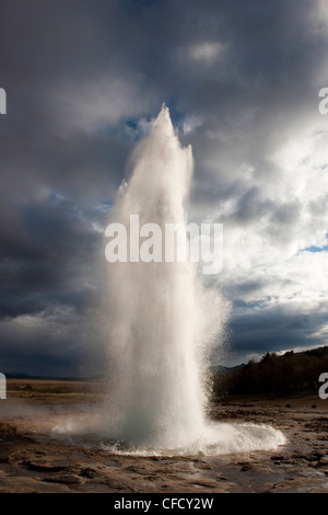 Water spout from Strokkur Geysir exploding into the sky on a stormy evening, near Reykjavik, Iceland, Polar Regions Stock Photo
