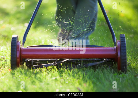 Woman cutting grass with environmentally friendly lawn mower. Winnipeg, Manitoba, Canada. Stock Photo