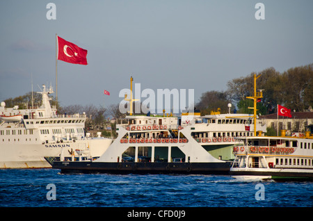 Busy waterways on the Golden Horn looking towards the Bosphorus, Istanbul, Turkey. Stock Photo