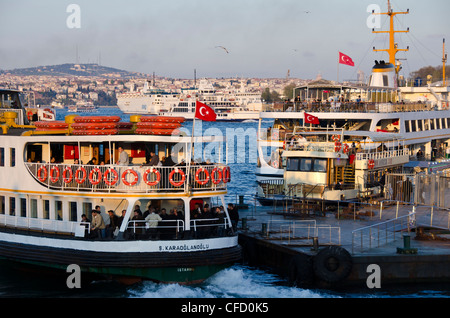 Busy waterways on the Golden Horn looking towards the Bosphorus, Istanbul, Turkey. Stock Photo