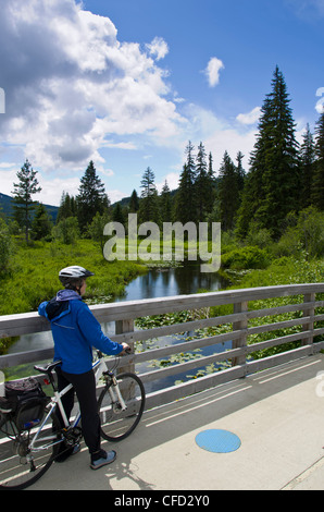 Woman cyclist pauses on brodge over River of Golden Dreams, Whistler, British Columbia, Canada Stock Photo