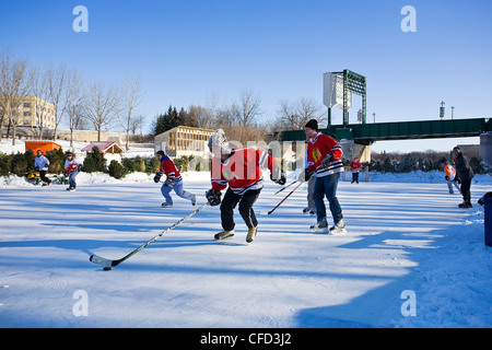 Playing ice hockey outdoors on the frozen Assiniboine River. Winnipeg, Manitoba, Canada. Stock Photo