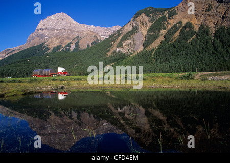 Transport Truck in motion - Canadian Rockies, British Columbia, Canada. Stock Photo