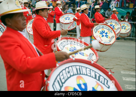 Musicans playing drums at Oruro Carnival, Oruro, Bolivia, South America Stock Photo