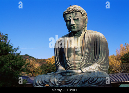 Japan, Tokyo, Kamakura, Daibutsu, The Great Buddha with Autumn Leaves Stock Photo