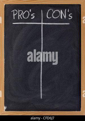 pros and cons, blank list of pro and con arguments - white chalk handwriting on a blackboard Stock Photo