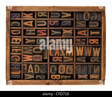vintage wood letterpress types, stained by ink, placed randomly in typesetter drawer, isolated on white Stock Photo