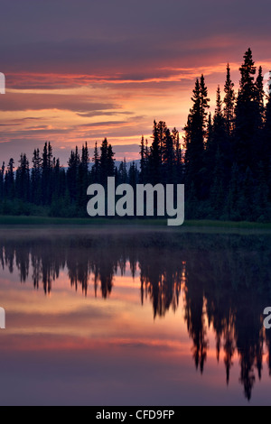 Sunset at an unnamed lake near Salmo Lake, Alaska Highway, Yukon Territory, Canada, Stock Photo