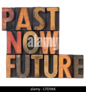 past, now, future words in vintage wooden letterpress block types, stained in color ink, isolated on white Stock Photo