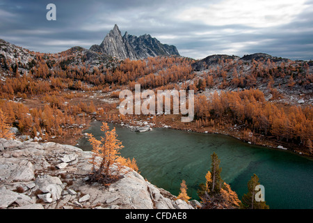 Golden Larches, Prusik Peak and Perfection Lake in the Upper Enchantments, Alpine Lakes Wilderness, Washington State, USA Stock Photo