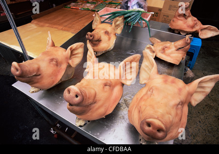 Korea, Busan, Jagalchi Market, Pig Heads on Display Stock Photo