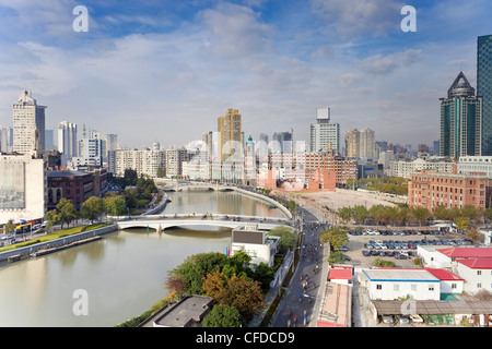 Elevated view along Suzhou Creek, new bridges and city skyline, Shanghai, China, Asia Stock Photo