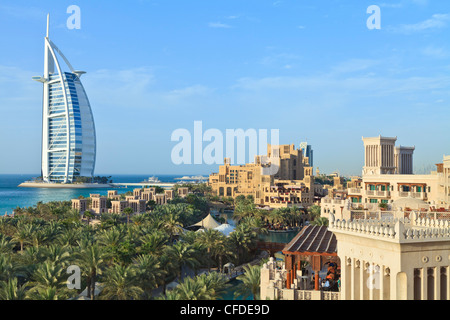 Burj Al Arab, seen from the Madinat Jumeirah Hotel, Jumeirah Beach, Dubai, United Arab Emirates, Middle East Stock Photo