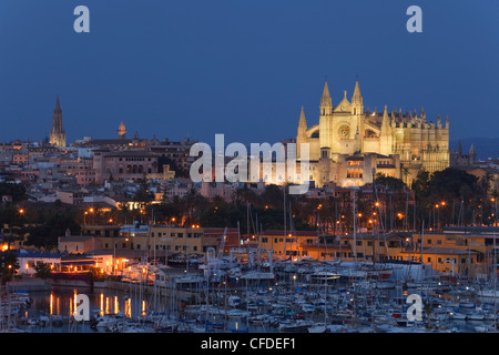 View of harbour, cathedral La Seu and palace Palau de l'Almudaina, Palma de Mallorca, Mallorca, Balearic Islands, Spain, Europe Stock Photo