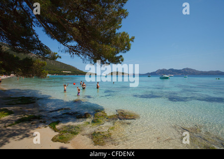 People on the beach in the sunlight, Playa de Formentor, Mallorca, Balearic Islands, Spain, Europe Stock Photo