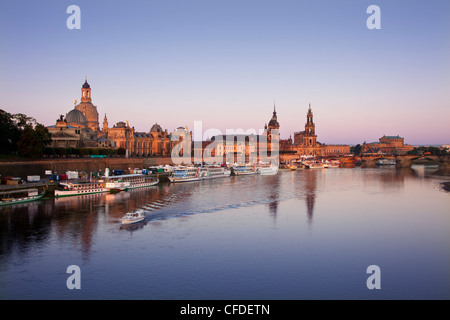 Panoramic view over the Elbe river to Bruehlsche Terrasse, University of visual arts, Frauenkirche, Staendehaus, Dresden castle, Stock Photo