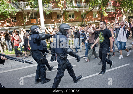 Protest of the indignants (spanish revolution) and clashes with police in Barcelona near the Catalan Parliament, Parc Ciutadella Stock Photo