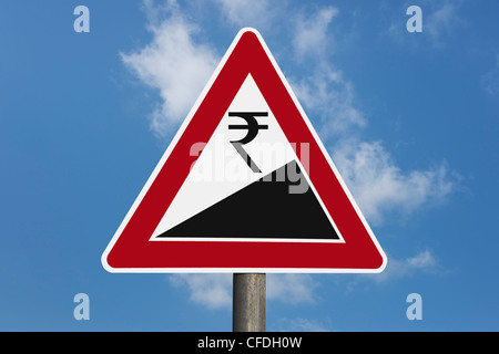 Detail photo of a danger sign 'Upward gradient' with a Indian Rupee currency sign, background sky. Stock Photo